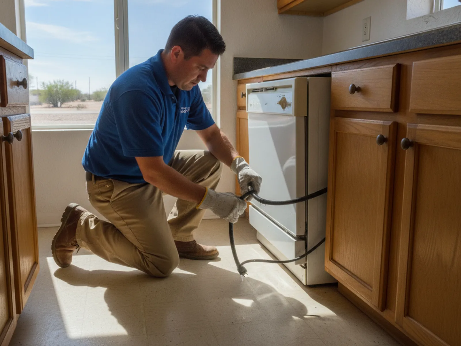 Worker uninstalling a built-in dishwasher during an appliance removal in El Paso, TX