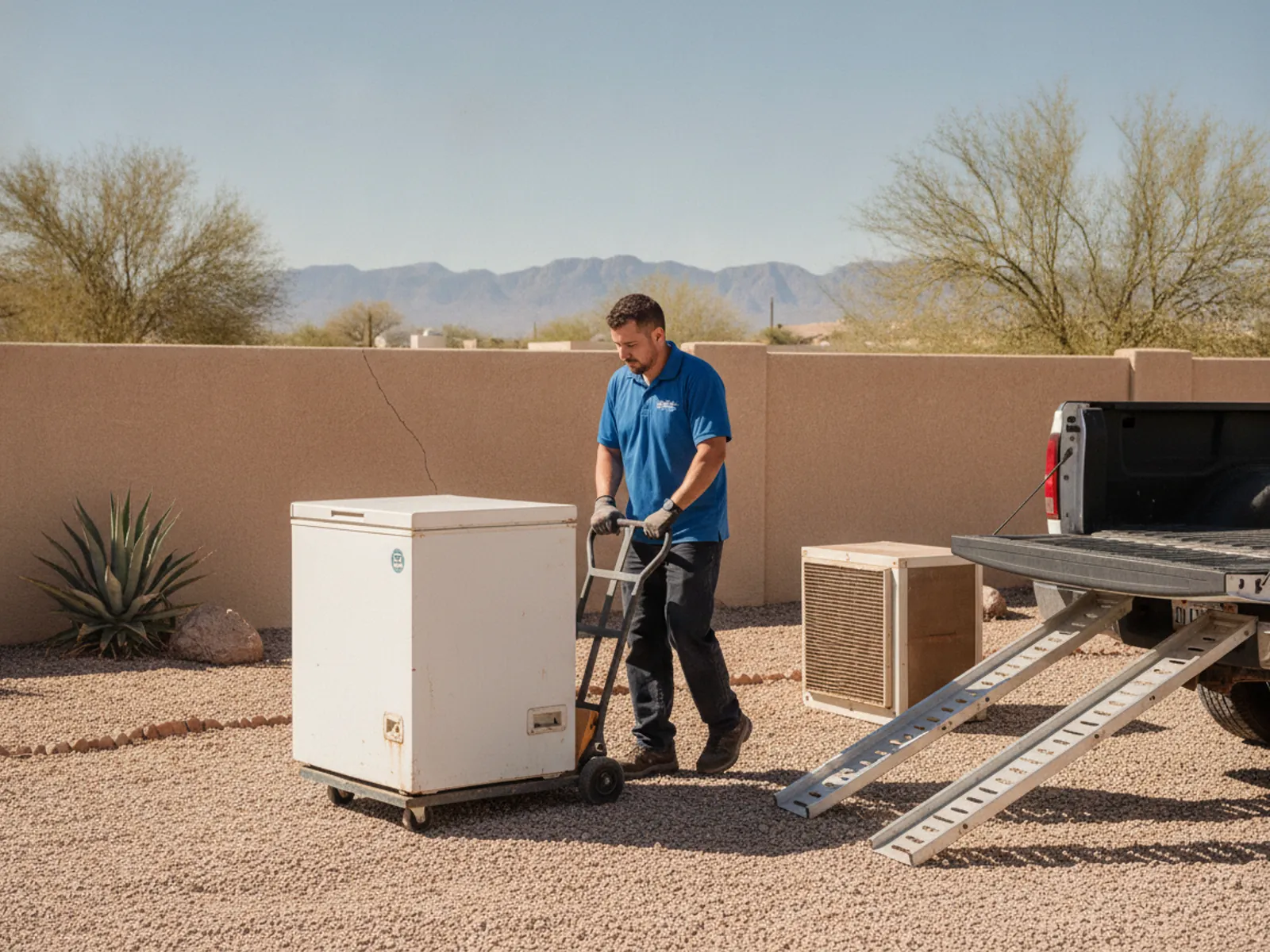 Crew hauling a large chest freezer and swamp cooler during appliance removal in El Paso, TX