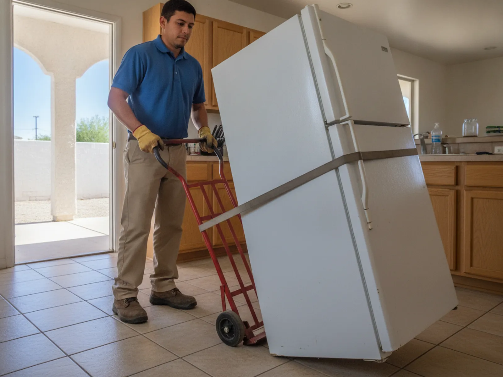 Appliance removal crew dollying an old refrigerator out of an El Paso, TX garage