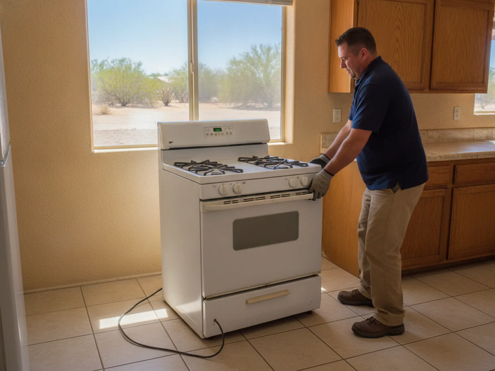 Appliance removal worker lifting an old kitchen range in El Paso, TX