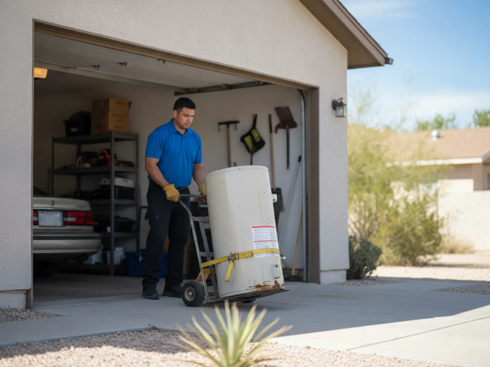 Appliance removal crew hauling an old tank water heater out of an El Paso, TX garage